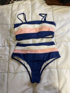 Girls Navy Stripe Two-Piece One-Piece Style Swimsuit